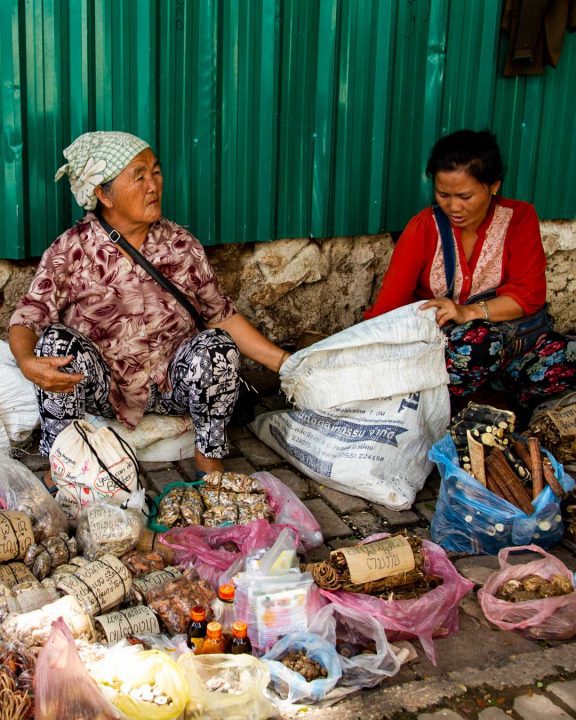 Natural remedies sold on the sidewalk in Vientiane.